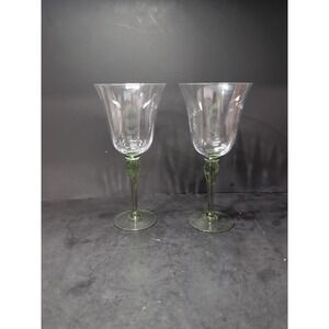 Block Hand Blown Green Melody Water Goblets, Set Of 2, 9.25' Tall, Optic‎ Design